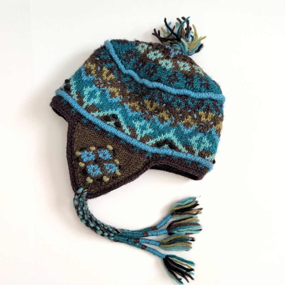 Icelandic Design Hand Knit Nepal Trapper Hat Blue Brown Fair Isle Fleece Lined